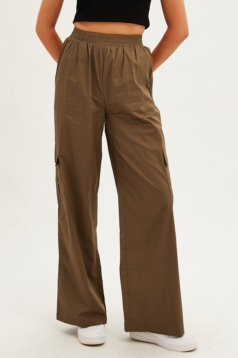 Green Wide Leg Cargo Pants High Rise