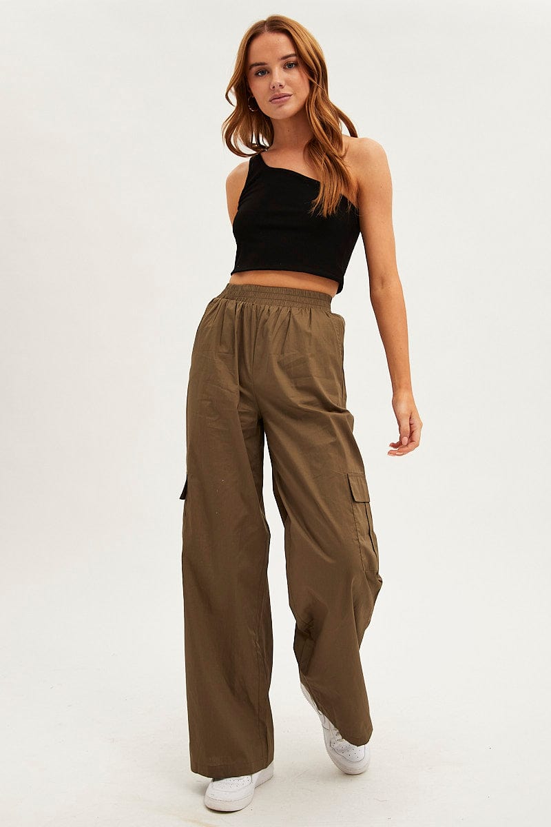 Green Wide Leg Cargo Pants High Rise