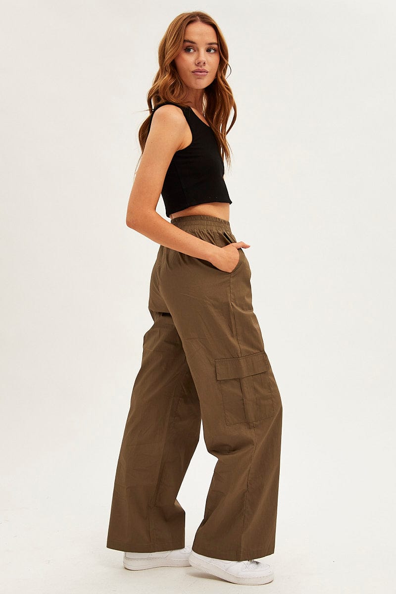 Green Wide Leg Cargo Pants High Rise