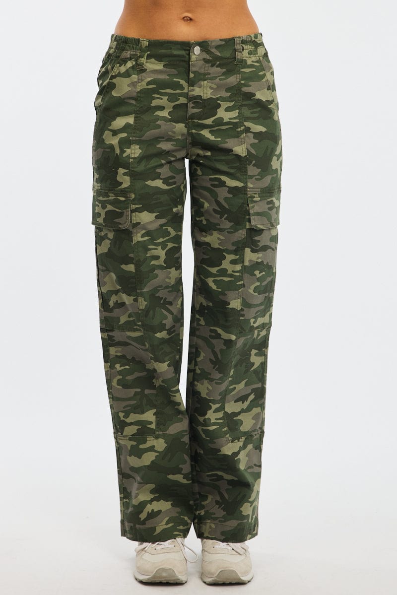 Green Print Cargo Pants Mid Rise