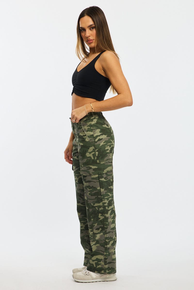 Green Print Cargo Pants Mid Rise