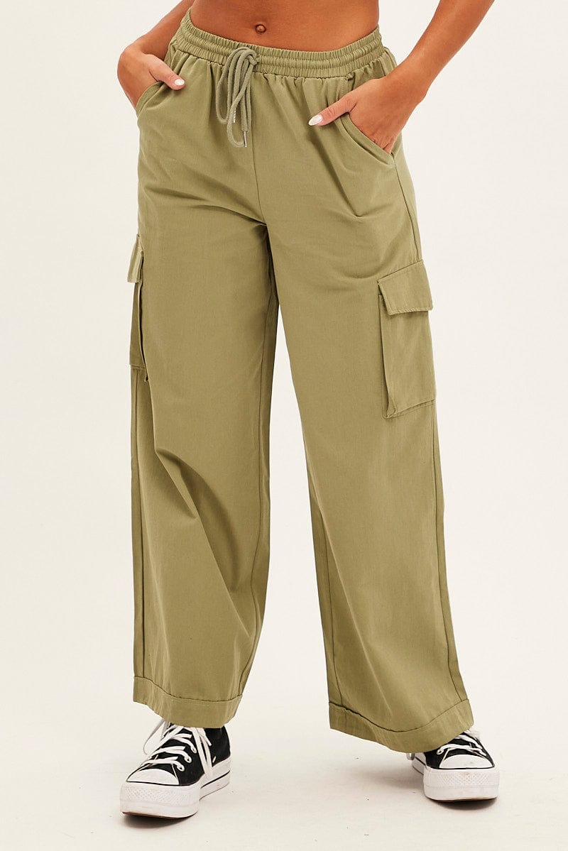 Green Cargo Pant Wide Leg Elastic Waist Cotton Twill