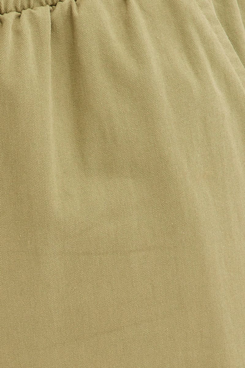 Green Cargo Pant Wide Leg Elastic Waist Cotton Twill