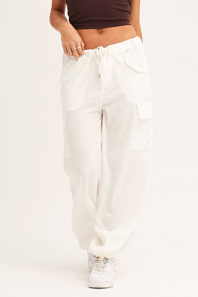 White Cargo Parachute Pants Out Pocket